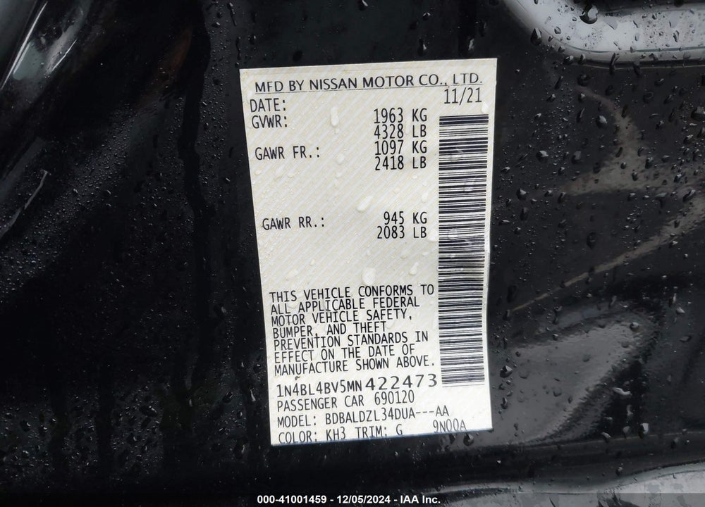 2021 NISSAN ALTIMA S FWD VIN: 1N4BL4BV5MN422473