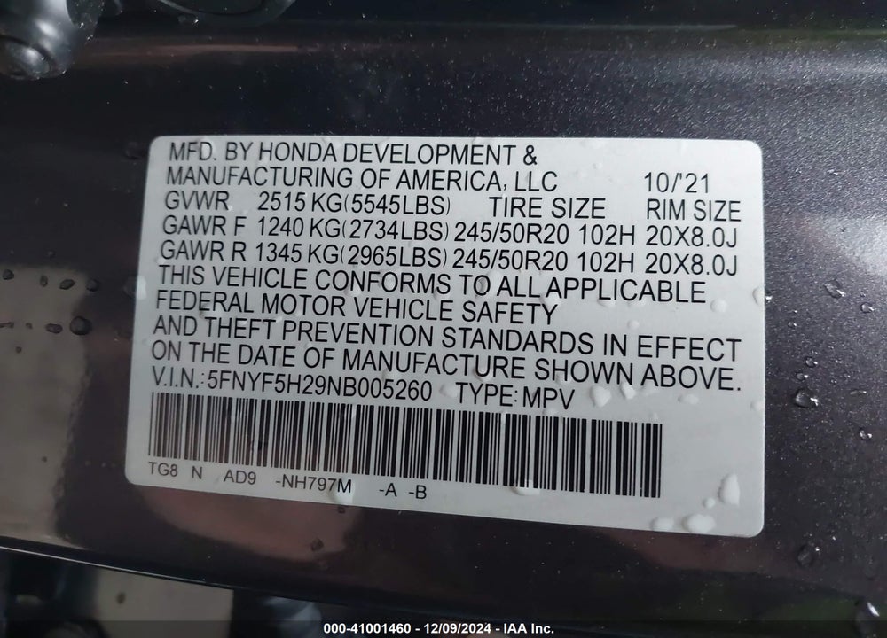 2022 HONDA PILOT 2WD SPECIAL EDITION VIN: 5FNYF5H29NB005260