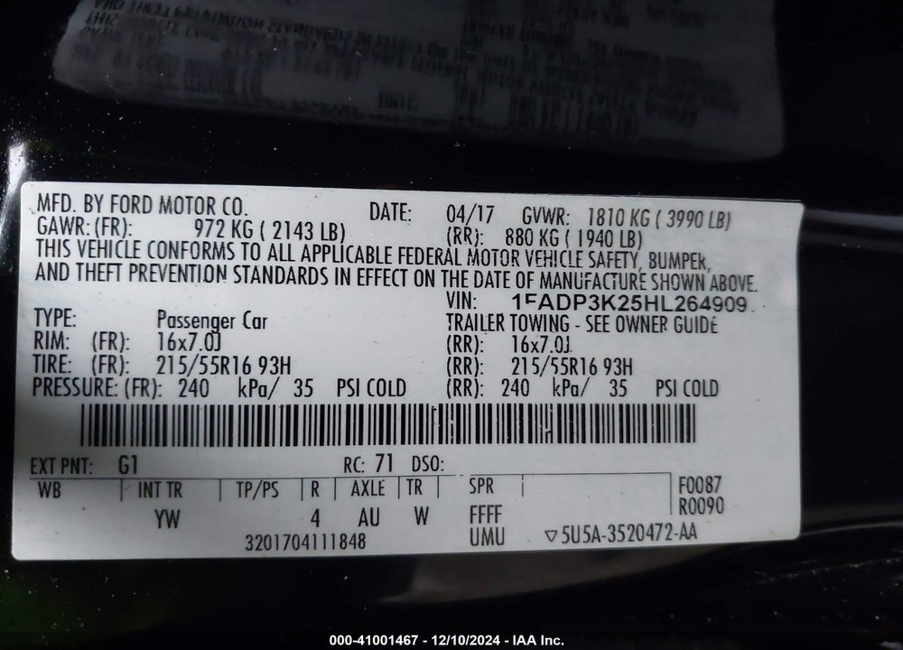 2017 FORD FOCUS VIN: 1FADP3K25HL264909