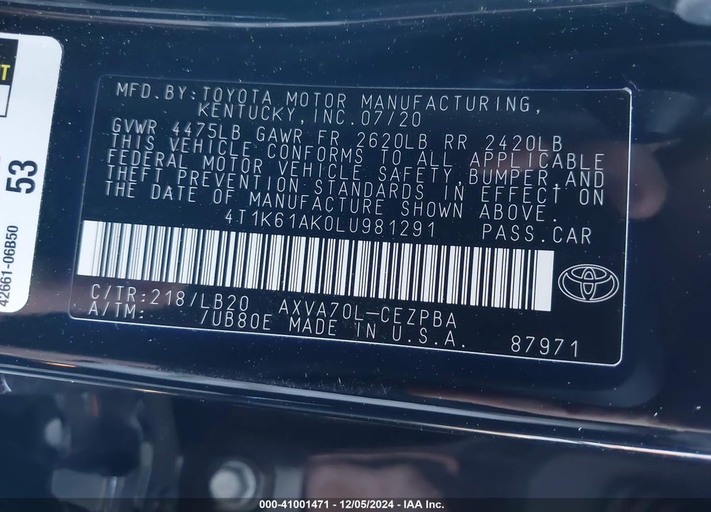 2020 TOYOTA CAMRY XSE VIN: 4T1K61AK0LU981291