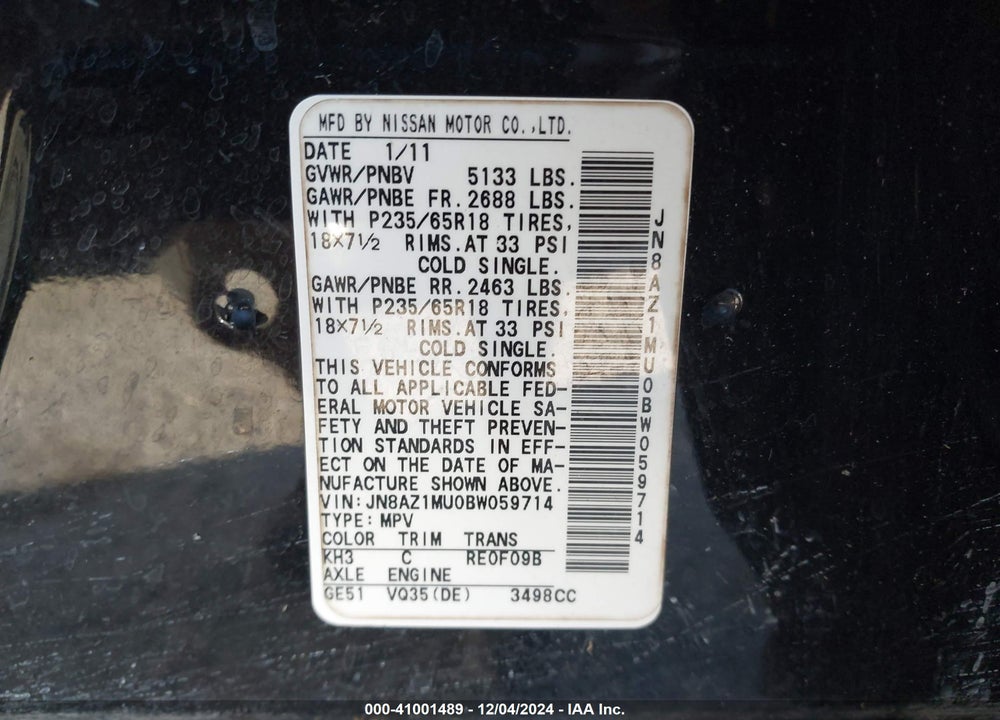 2011 NISSAN MURANO SL VIN: JN8AZ1MU0BW059714
