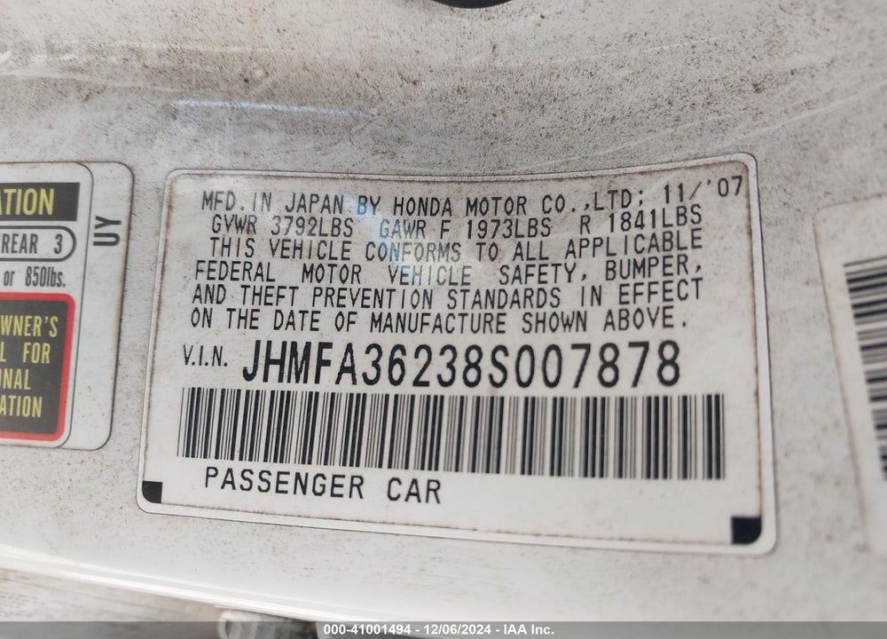 2008 HONDA CIVIC HYBRID VIN: JHMFA36238S007878