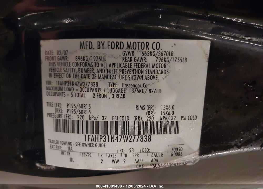 2007 FORD FOCUS S/SE/SES VIN: 1FAHP31N47W277838