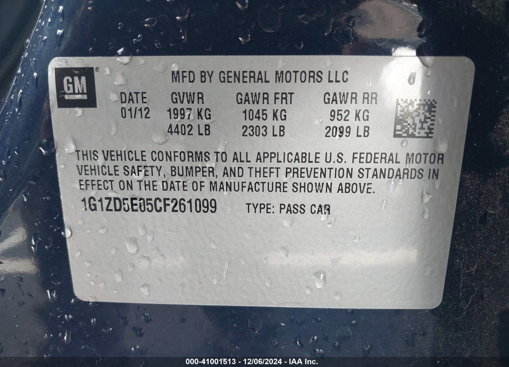 2012 CHEVROLET MALIBU VIN: 1G1ZD5E05CF261099