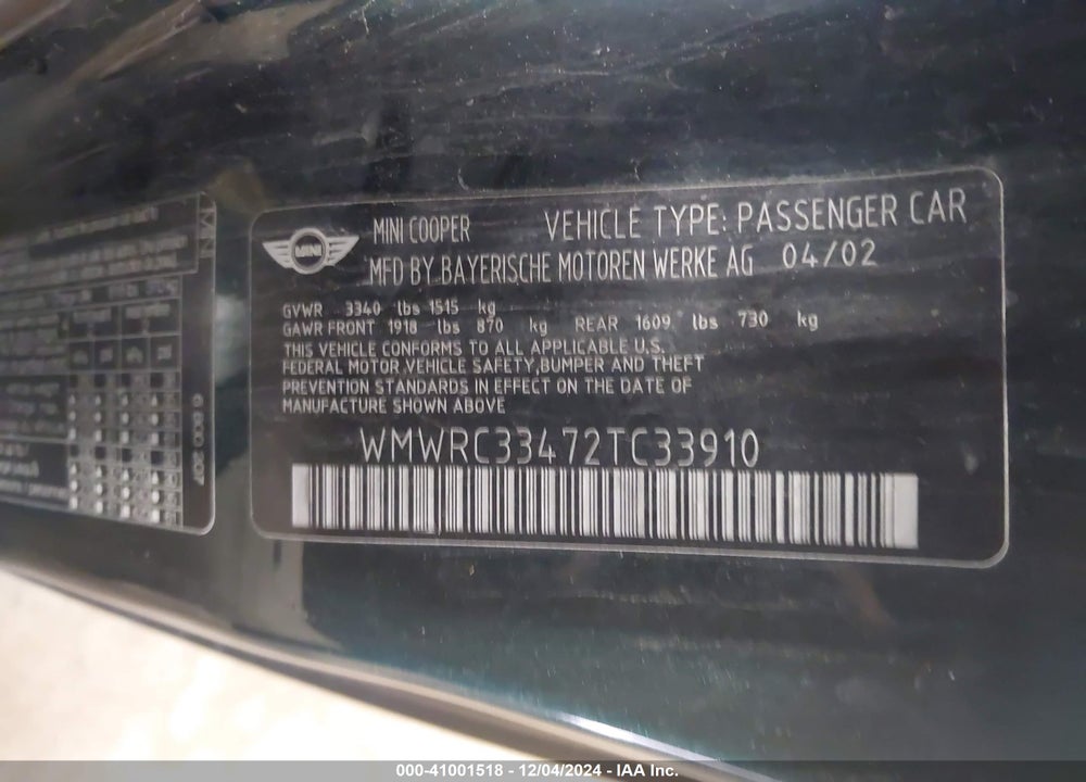 2002 MINI COOPER VIN: WMWRC33472TC33910