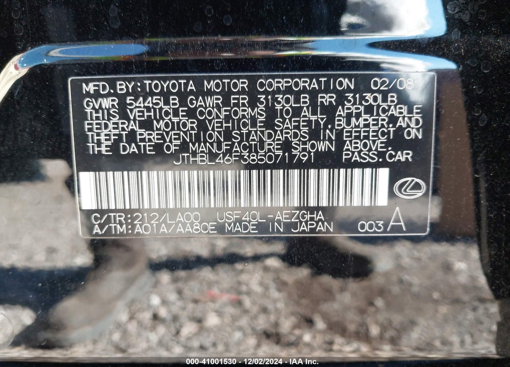 2008 LEXUS LS 460 VIN: JTHBL46F385071791