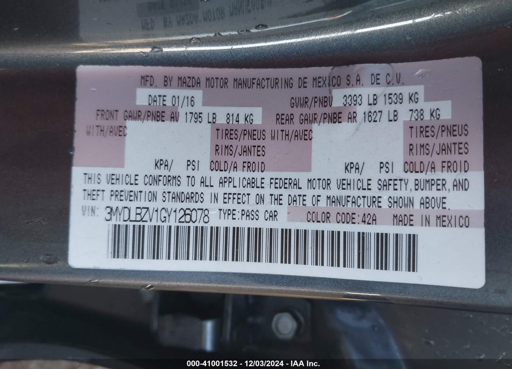 2016 SCION IA VIN: 3MYDLBZV1GY126078