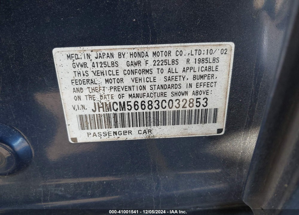2003 HONDA ACCORD 2.4 EX VIN: JHMCM56683C032853