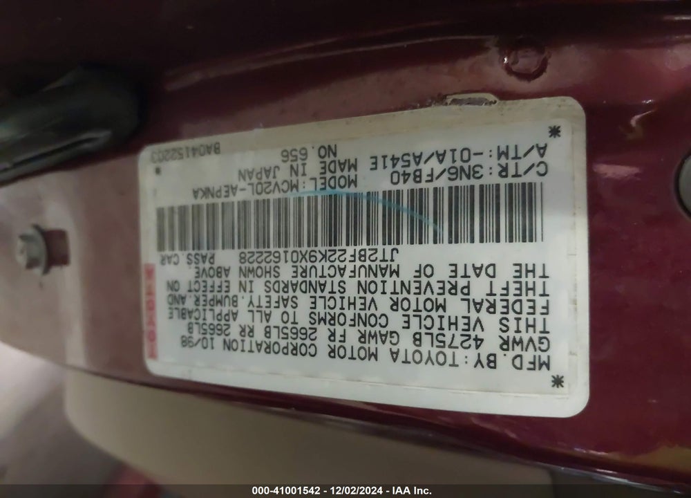 1999 TOYOTA CAMRY LE V6 VIN: JT2BF22K9X0162228