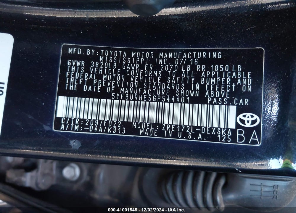 2016 TOYOTA COROLLA S PLUS VIN: 5YFBURHE5GP544401