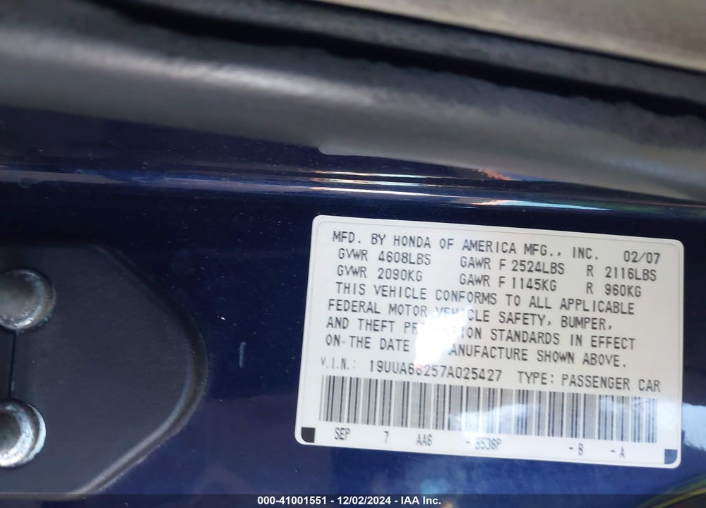 2007 ACURA TL 3.2 VIN: 19UUA66257A025427