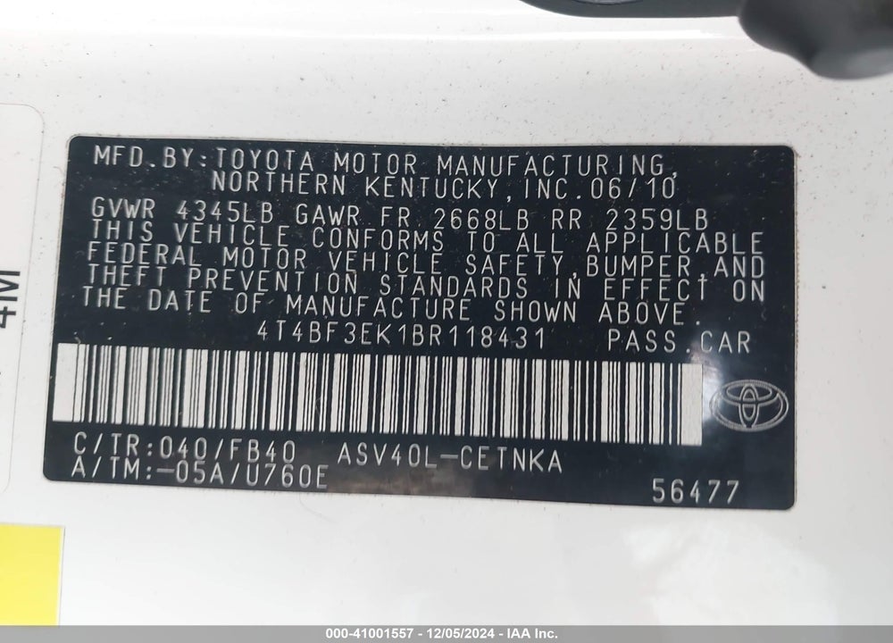 2011 TOYOTA CAMRY VIN: 4T4BF3EK1BR118431