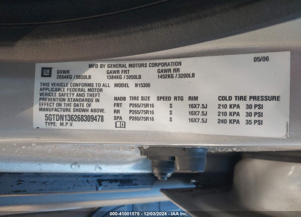 2006 HUMMER H3 SUV VIN: 5GTDN136268309478