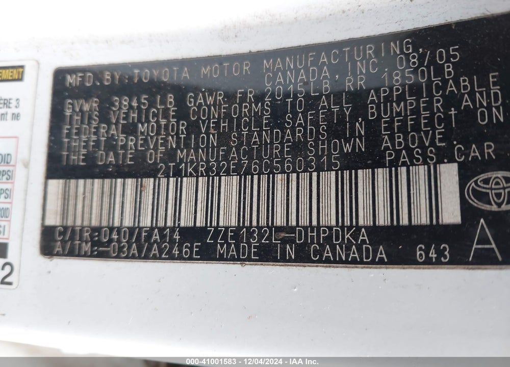 2006 TOYOTA MATRIX VIN: 2T1KR32E76C560315
