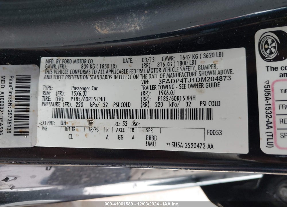 2013 FORD FIESTA S VIN: 3FADP4TJ1DM204873