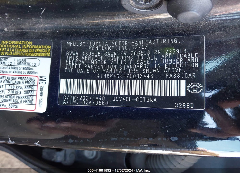 2007 TOYOTA CAMRY XLE V6 VIN: 4T1BK46K17U037446
