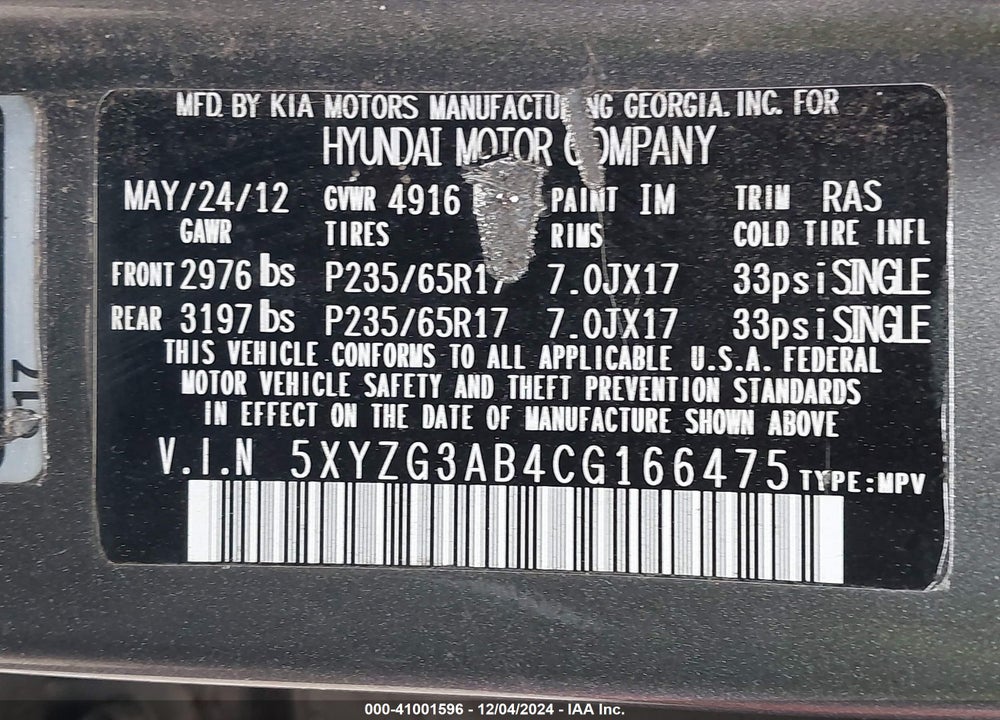 2012 HYUNDAI SANTA FE GLS VIN: 5XYZG3AB4CG166475
