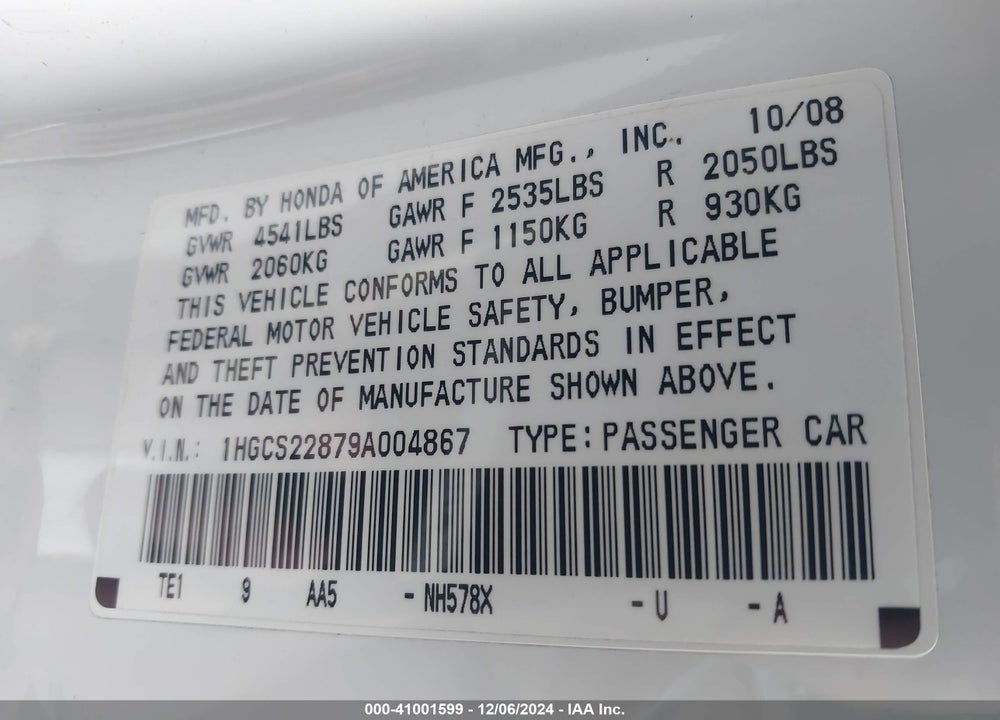 2009 HONDA ACCORD 3.5 EX-L VIN: 1HGCS22879A004867