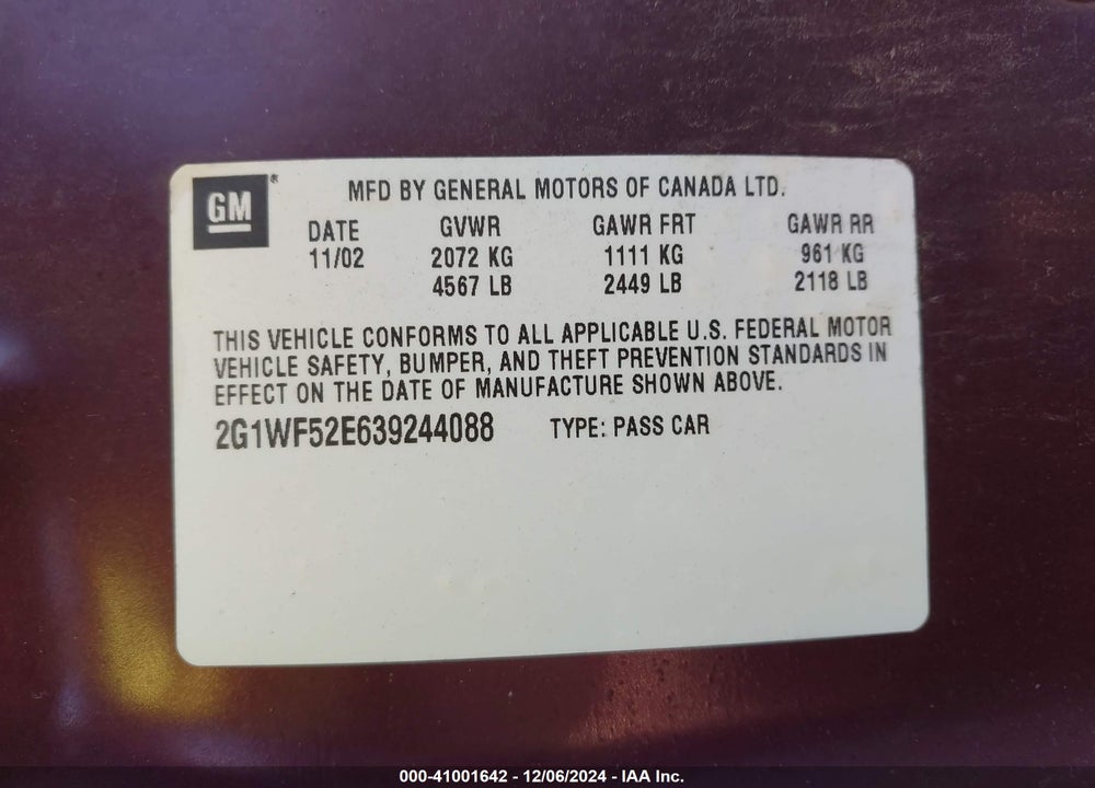 2003 CHEVROLET IMPALA VIN: 2G1WF52E639244088
