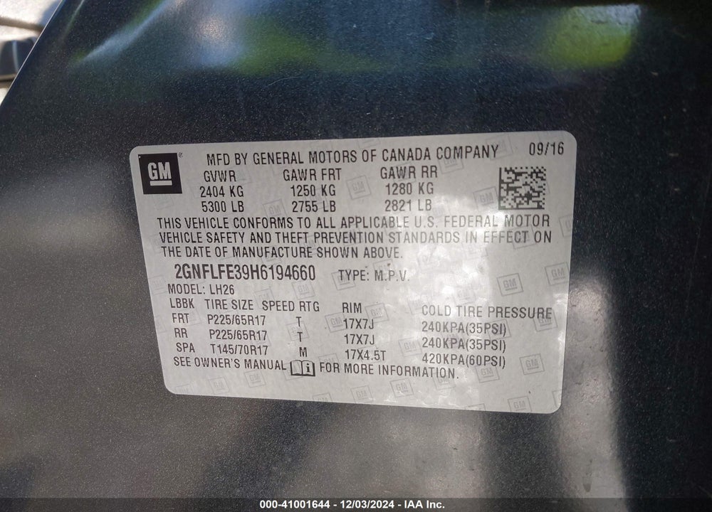 2017 CHEVROLET EQUINOX LT VIN: 2GNFLFE39H6194660