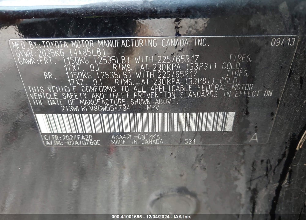 2013 TOYOTA RAV4 XLE VIN: 2T3WFREV8DW054794