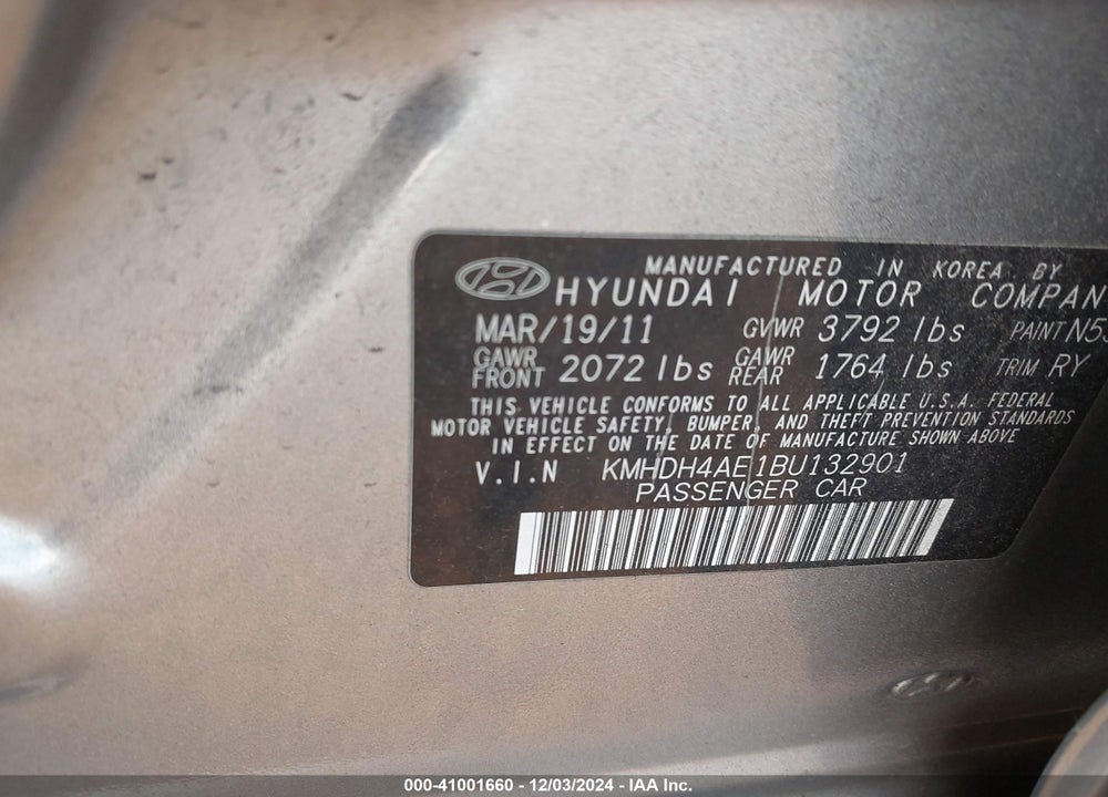 2011 HYUNDAI ELANTRA LIMITED (ULSAN PLANT) VIN: KMHDH4AE1BU132901