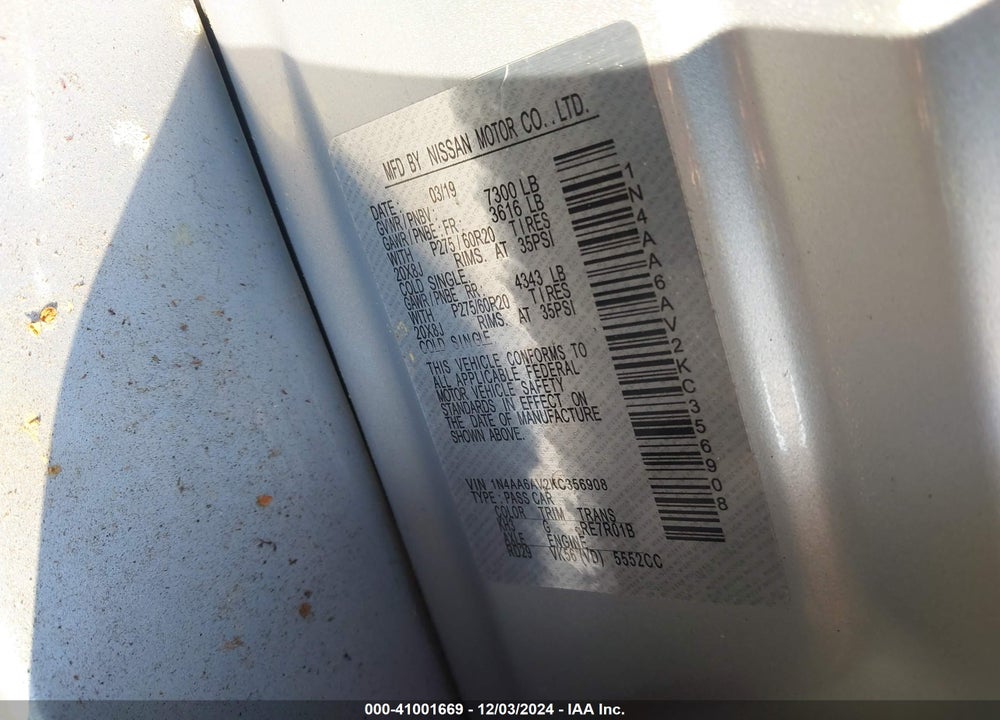 2019 NISSAN MAXIMA 3.5 PLATINUM/3.5 S/3.5 SL/3.5 SR/3.5 SV VIN: 1N4AA6AV2KC356908