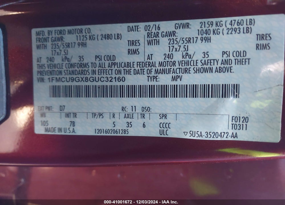 2016 FORD ESCAPE SE VIN: 1FMCU9GX8GUC32160
