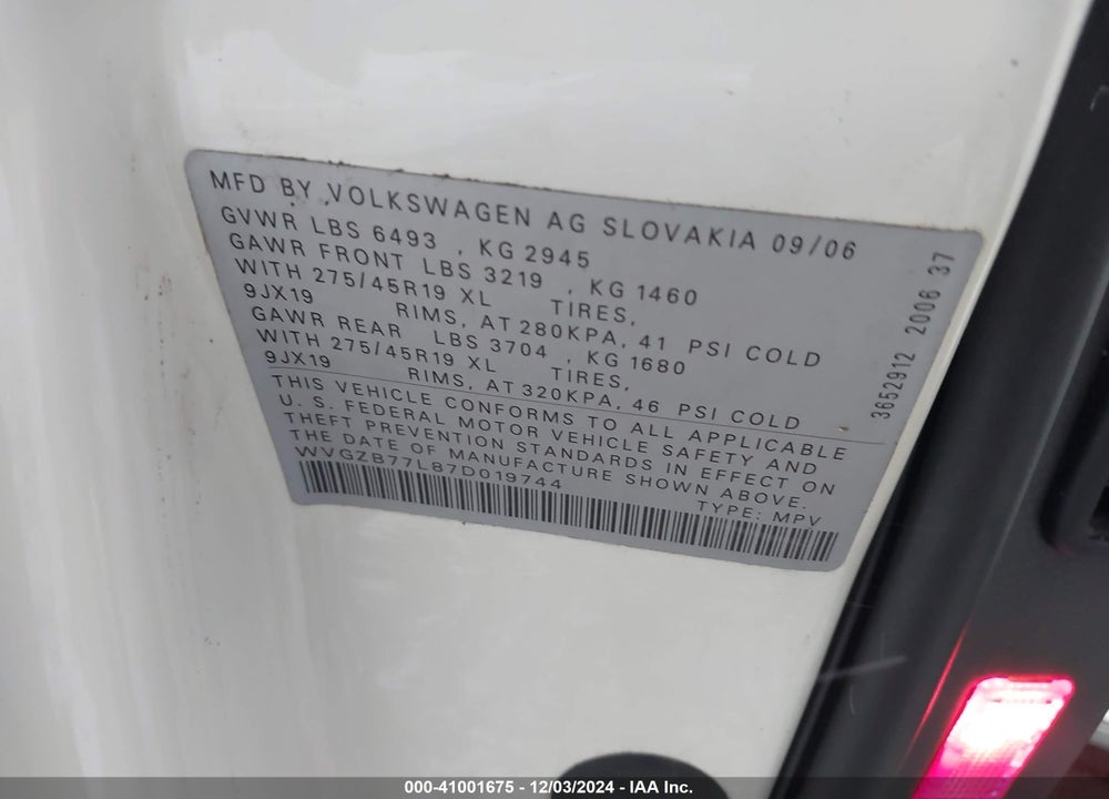2007 VOLKSWAGEN TOUAREG V8 VIN: WVGZB77L87D019744