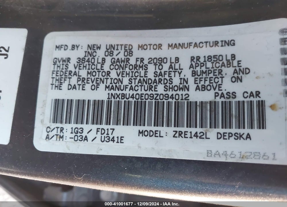 2009 TOYOTA COROLLA S VIN: 1NXBU40E09Z094012