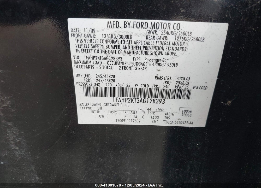 2010 FORD TAURUS SHO VIN: 1FAHP2KT3AG128393