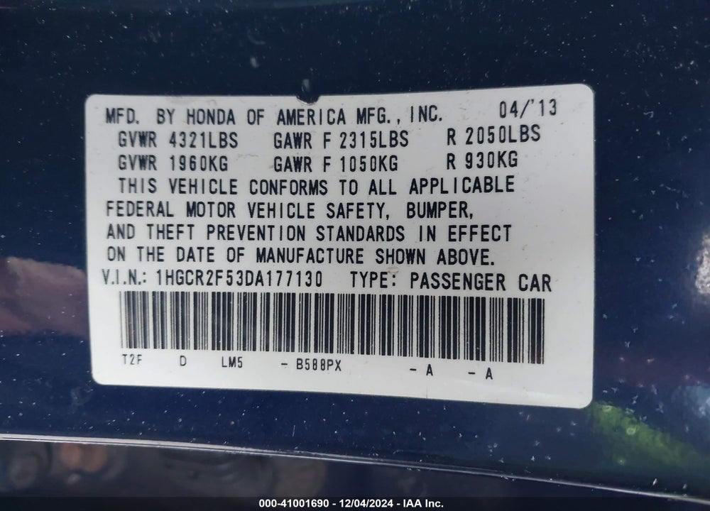 2013 HONDA ACCORD SPORT VIN: 1HGCR2F53DA177130