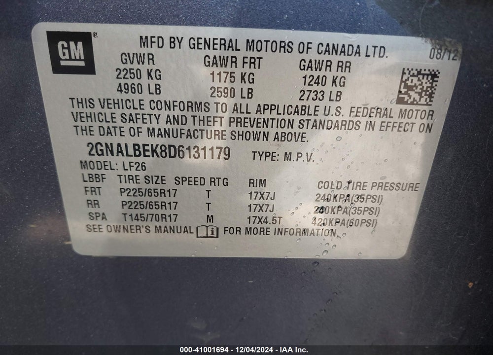 2013 CHEVROLET EQUINOX LS VIN: 2GNALBEK8D6131179