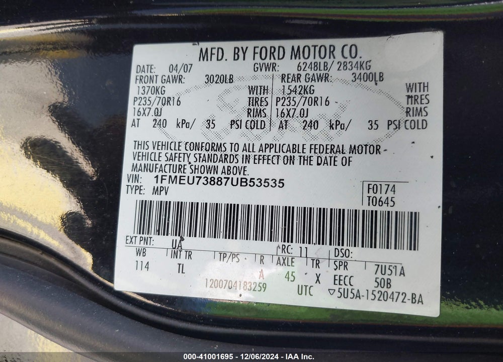 2007 FORD EXPLORER XLT VIN: 1FMEU73887UB53535