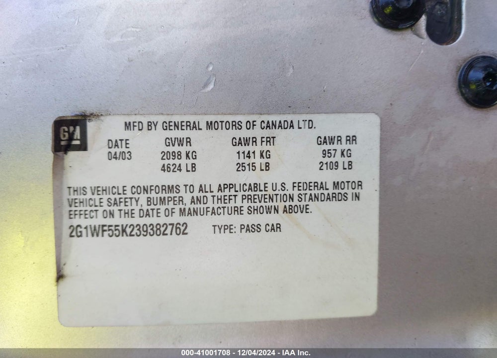 2003 CHEVROLET IMPALA POLICE VIN: 2G1WF55K239382762