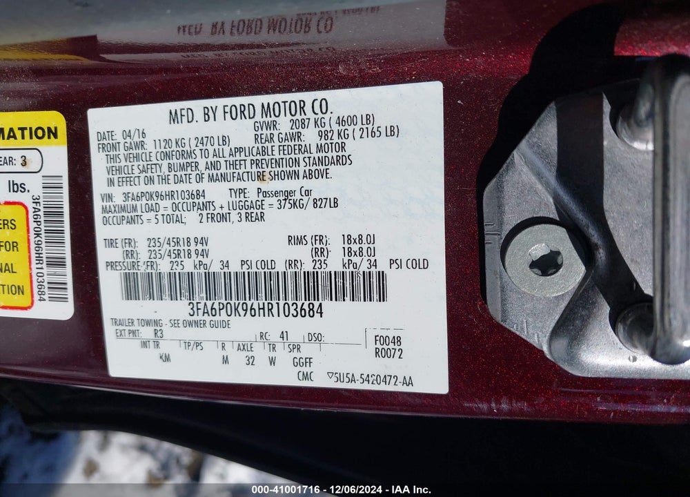2017 FORD FUSION VIN: 3FA6P0K96HR103684