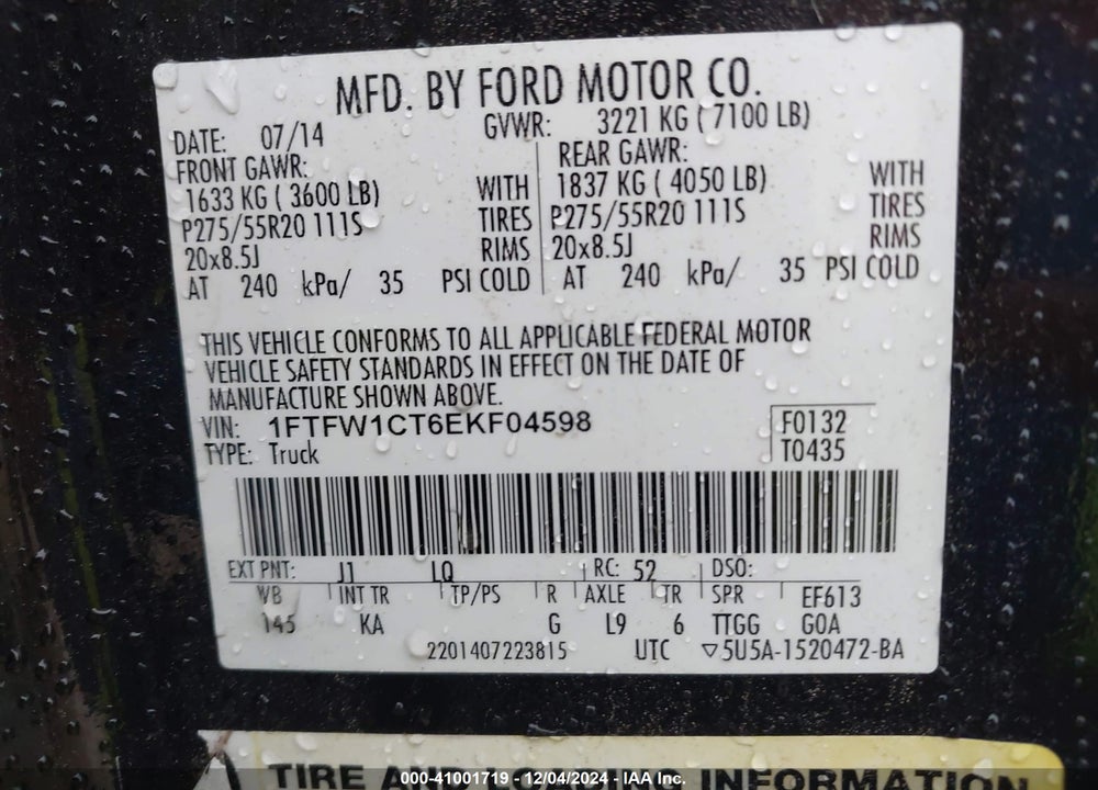 2014 FORD F-150 VIN: 1FTFW1CT6EKF04598