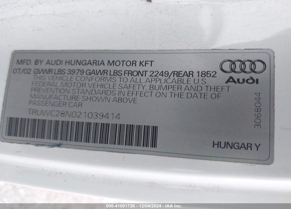 2002 AUDI TT 1.8L VIN: TRUWC28N021039414