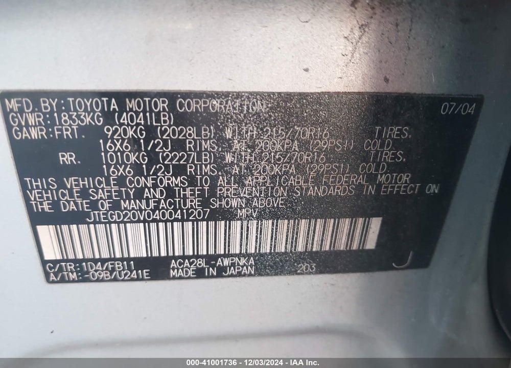2004 TOYOTA RAV4 VIN: JTEGD20V040041207