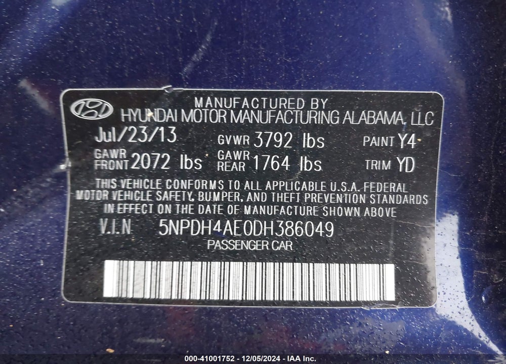 2013 HYUNDAI ELANTRA GLS VIN: 5NPDH4AE0DH386049