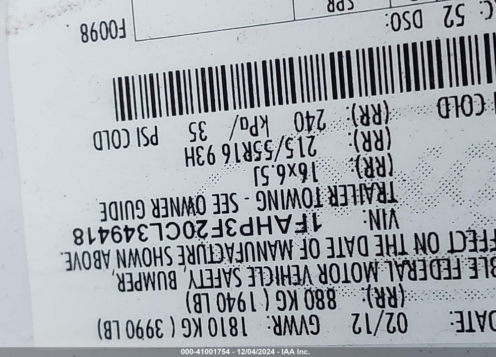 2012 FORD FOCUS SE VIN: 1FAHP3F20CL349418