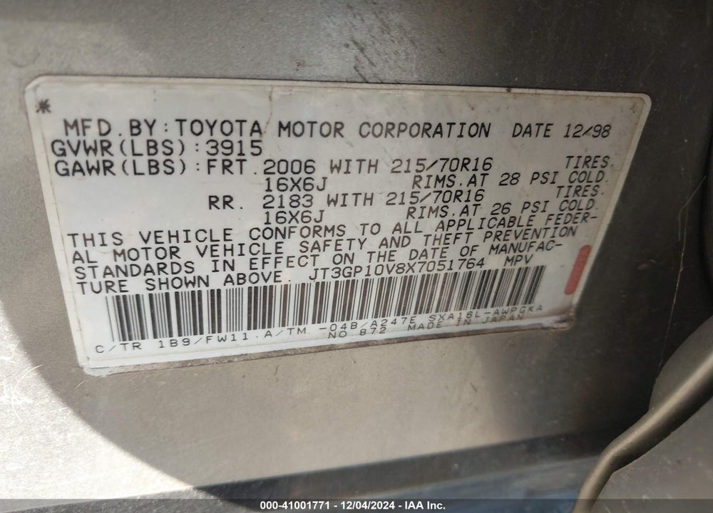 1999 TOYOTA RAV4 VIN: JT3GP10V8X7051764