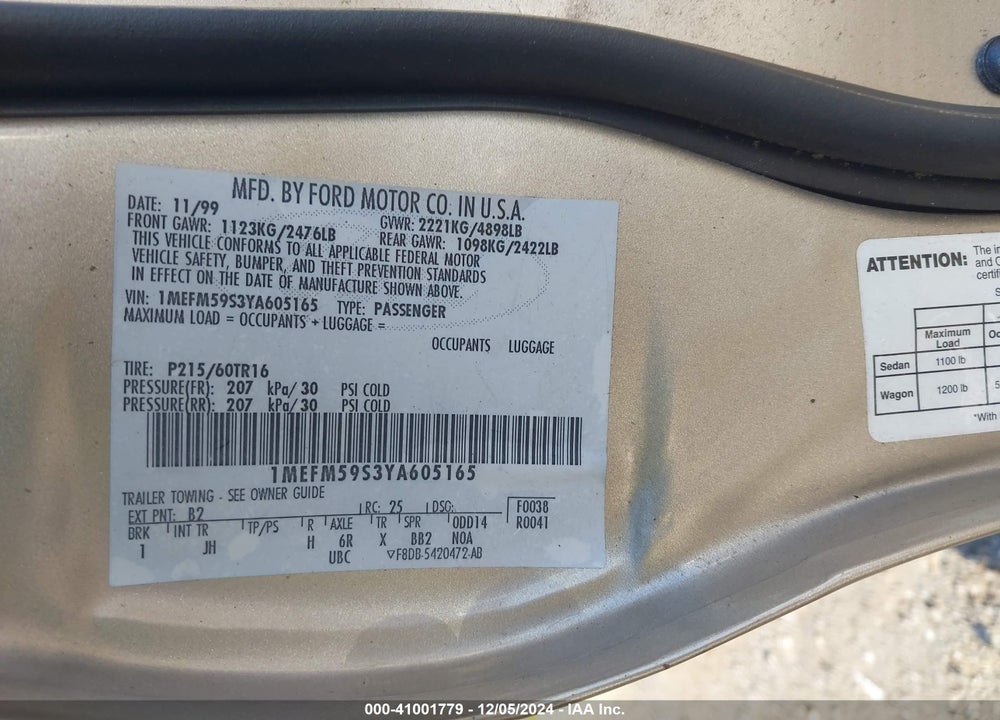 2000 MERCURY SABLE LS PREMIUM VIN: 1MEFM59S3YA605165