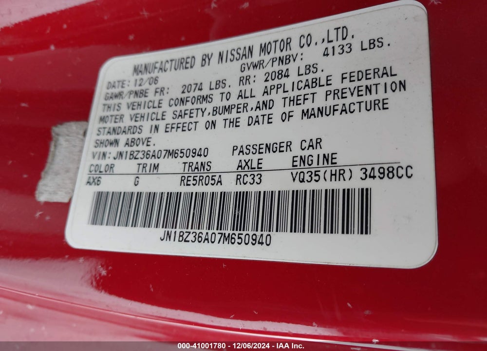 2007 NISSAN 350Z VIN: JN1BZ36A07M650940