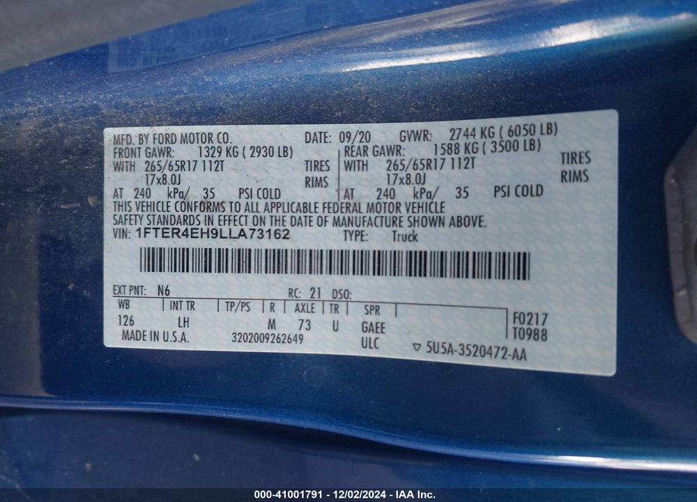 2020 FORD RANGER VIN: 1FTER4EH9LLA73162