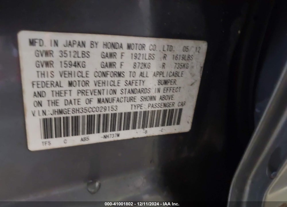 2012 HONDA FIT VIN: JHMGE8H35CC029153