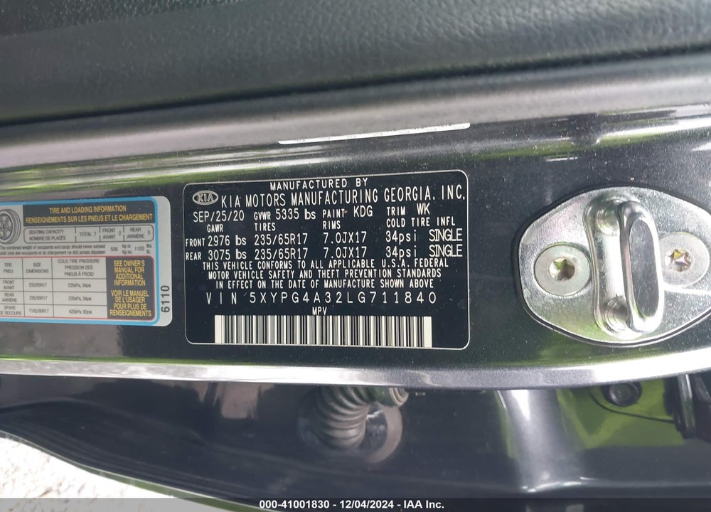 2020 KIA SORENTO 2.4L LX VIN: 5XYPG4A32LG711840