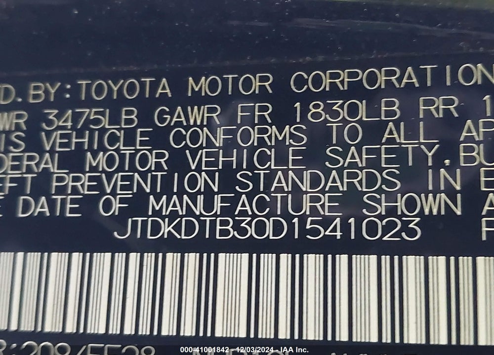 2013 TOYOTA PRIUS C TWO VIN: JTDKDTB30D1541023