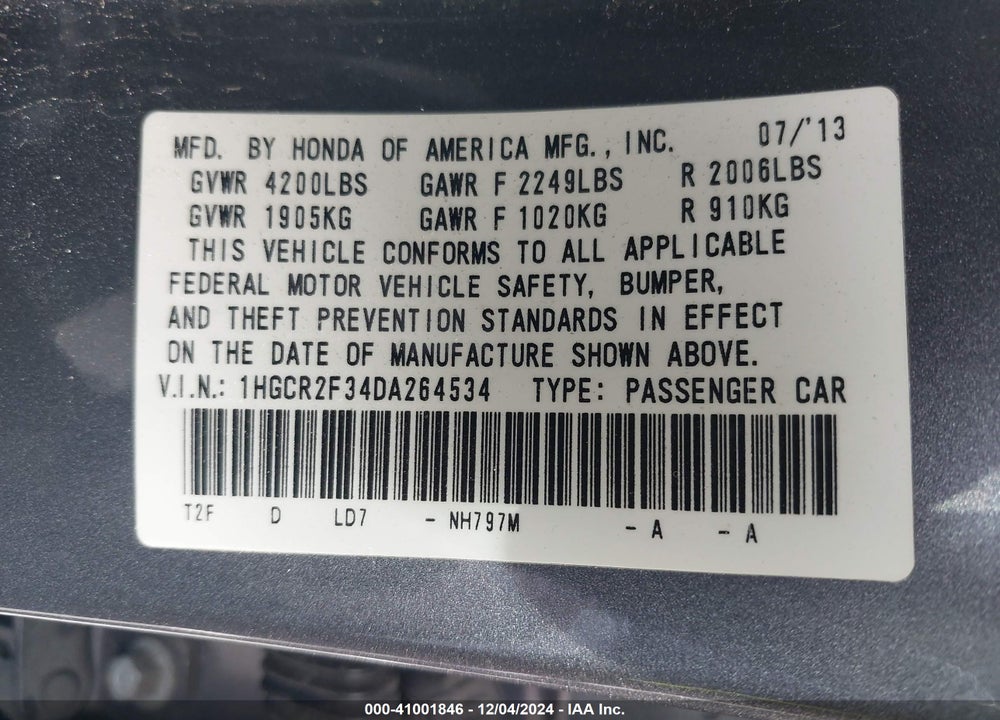 2013 HONDA ACCORD LX VIN: 1HGCR2F34DA264534
