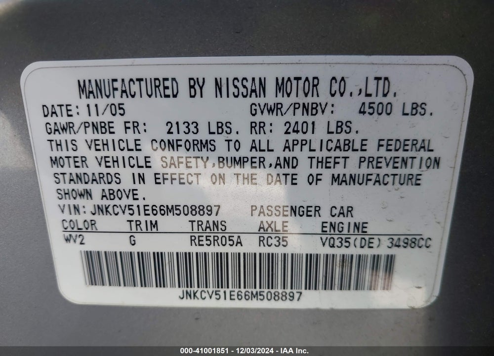 2006 INFINITI G35 VIN: JNKCV51E66M508897